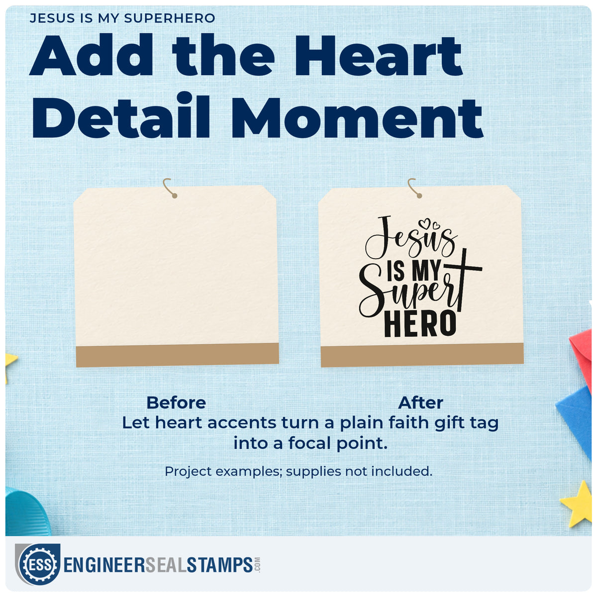 Before and after of a plain item finished with the Jesus Is My Superhero With Cross Rubber Stamp – Duo Hand, a quick upgrade for lunchbox notes.