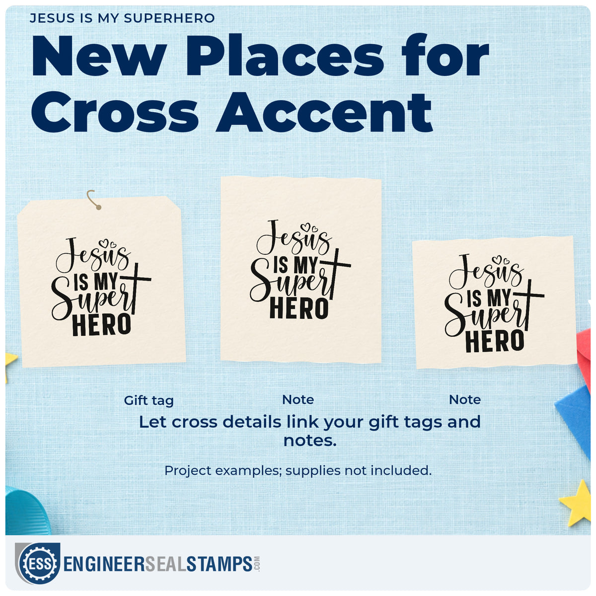 Three project examples made with the Jesus Is My Superhero With Cross Stamp - Premium Vintage Pro Wooden, including kid hero pages.