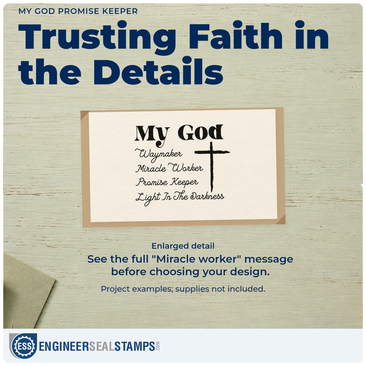 Enlarged detail of the My God Promise Keeper Pre-Inked Stamp – Slim imprint. A cross sits beside "My God" and lines reading "Waymaker," "Miracle worker," "Promise keeper," and "Light in the darkness."