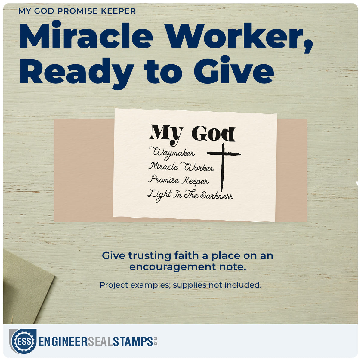 A finished handmade project stamped with the My God Promise Keeper Self-Inking Stamp, ideal for worship team gifts.