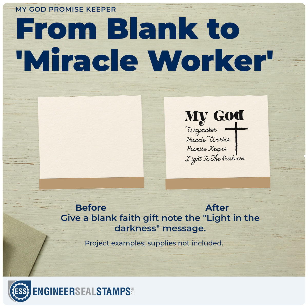 Before and after of a plain item finished with the My God Promise Keeper Self-Inking Stamp, a quick upgrade for bible study handouts.