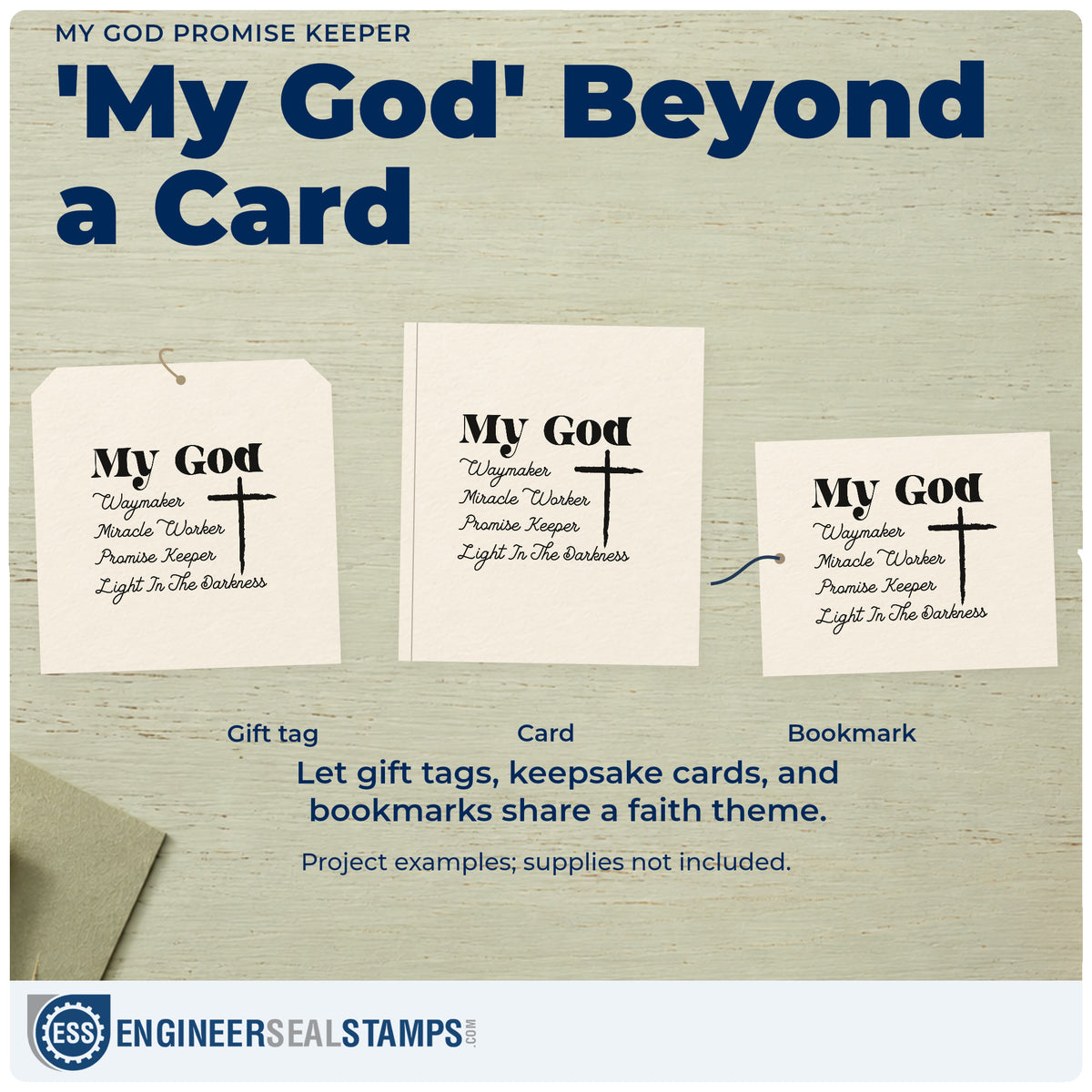 Three project examples made with the My God Promise Keeper Pre-Inked Stamp – Slim, including praise pages.