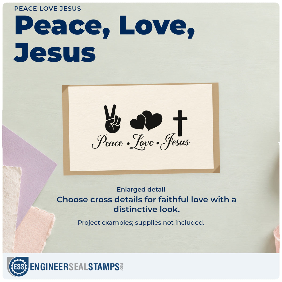 Enlarged detail of the Peace, Love, Jesus With Cross Pre-Inked Stamp – PSI imprint. A peace-sign hand, two hearts, and a cross sit above "Peace, love, Jesus" script.