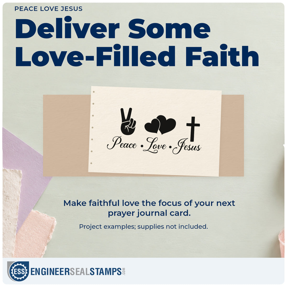 A finished handmade project stamped with the Self-Inking Peace, Love, Jesus With Cross Stamp, ideal for groovy party favors.