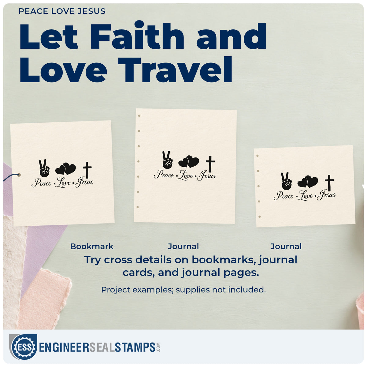 Three project examples made with the Peace, Love, Jesus With Cross Pre-Inked Stamp – PSI, including retro scrapbooks.