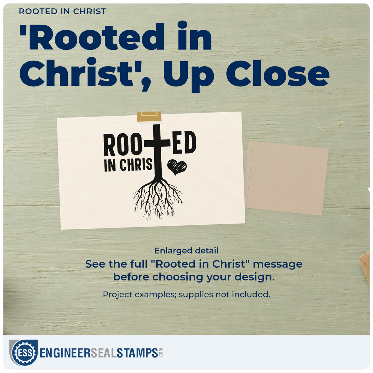 Enlarged detail of the Rooted In Christ Premium Wood-Mounted Stamp - Vintage Pro imprint. A cross with branching roots forms part of "Rooted in Christ," accompanied by a heart.