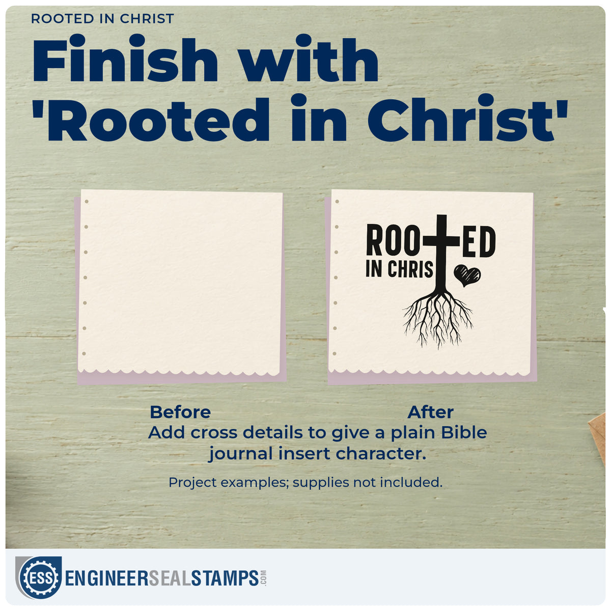 Before and after of a plain item finished with the Rooted In Christ PSI Pre-Inked Stamp, a quick upgrade for baptism gifts.