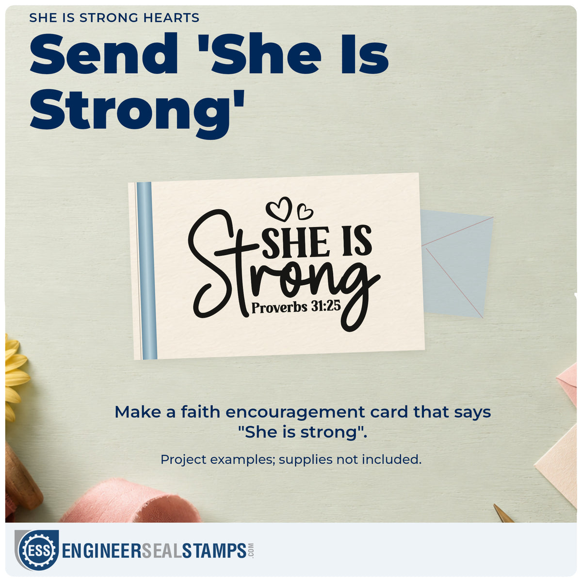 A finished handmade project stamped with the She Is Strong Heart Accents Self-Inking Stamp, ideal for mother's day gifts.