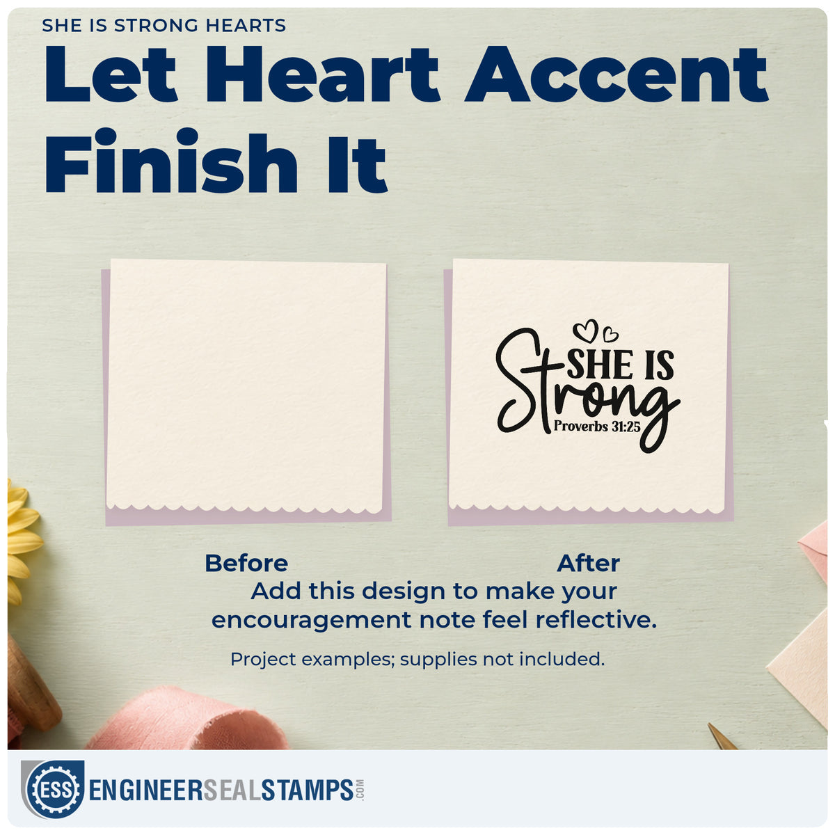 Before and after of a plain item finished with the She Is Strong Heart Accents Wood Handle Stamp, a quick upgrade for firefighter thank-yous.