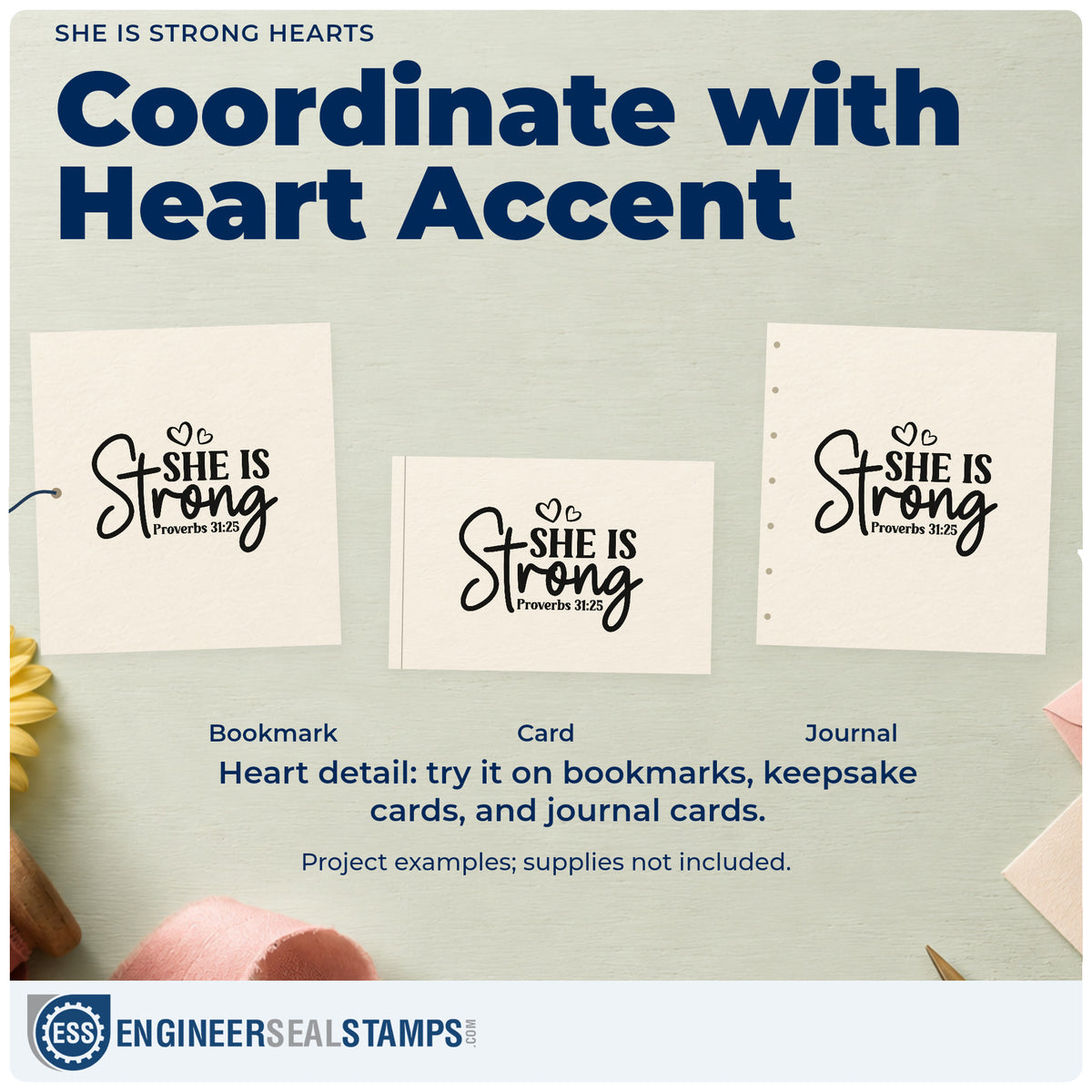Three project examples made with the She Is Strong Heart Accents Stamp - Premium Vintage Pro Wooden, including tribute pages.
