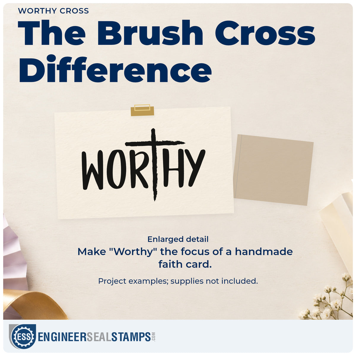 Enlarged detail of the Worthy Cross Rubber Stamp – Wood Handle imprint. A brushstroke cross replaces the T in simple bold "Worthy" lettering.