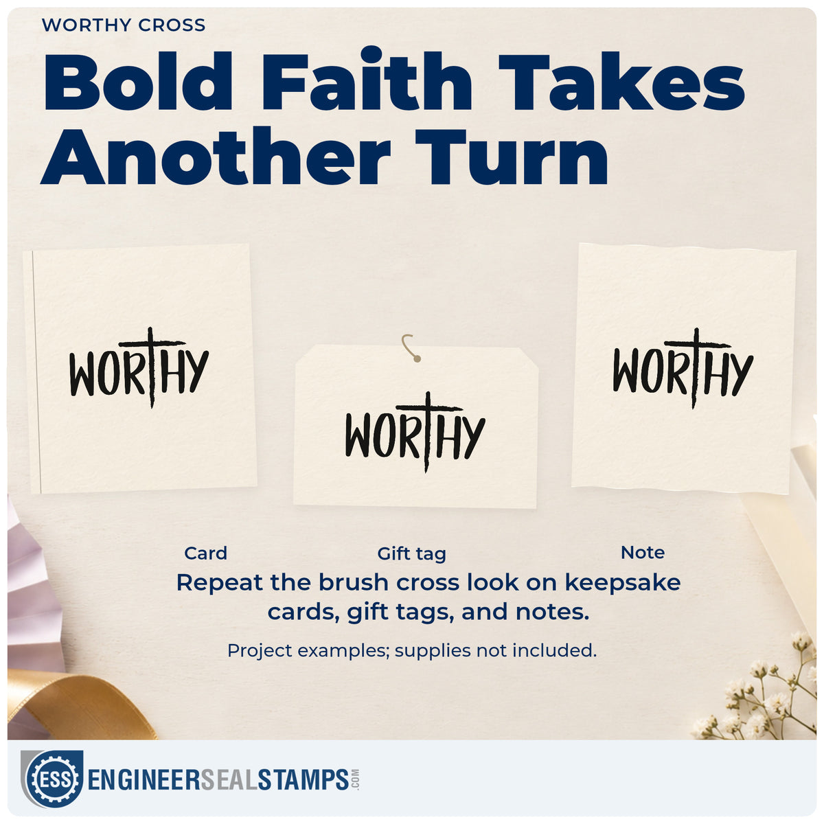 Three project examples made with the Worthy Cross Stamp – Slim Pre-Inked, including self-worth pages.
