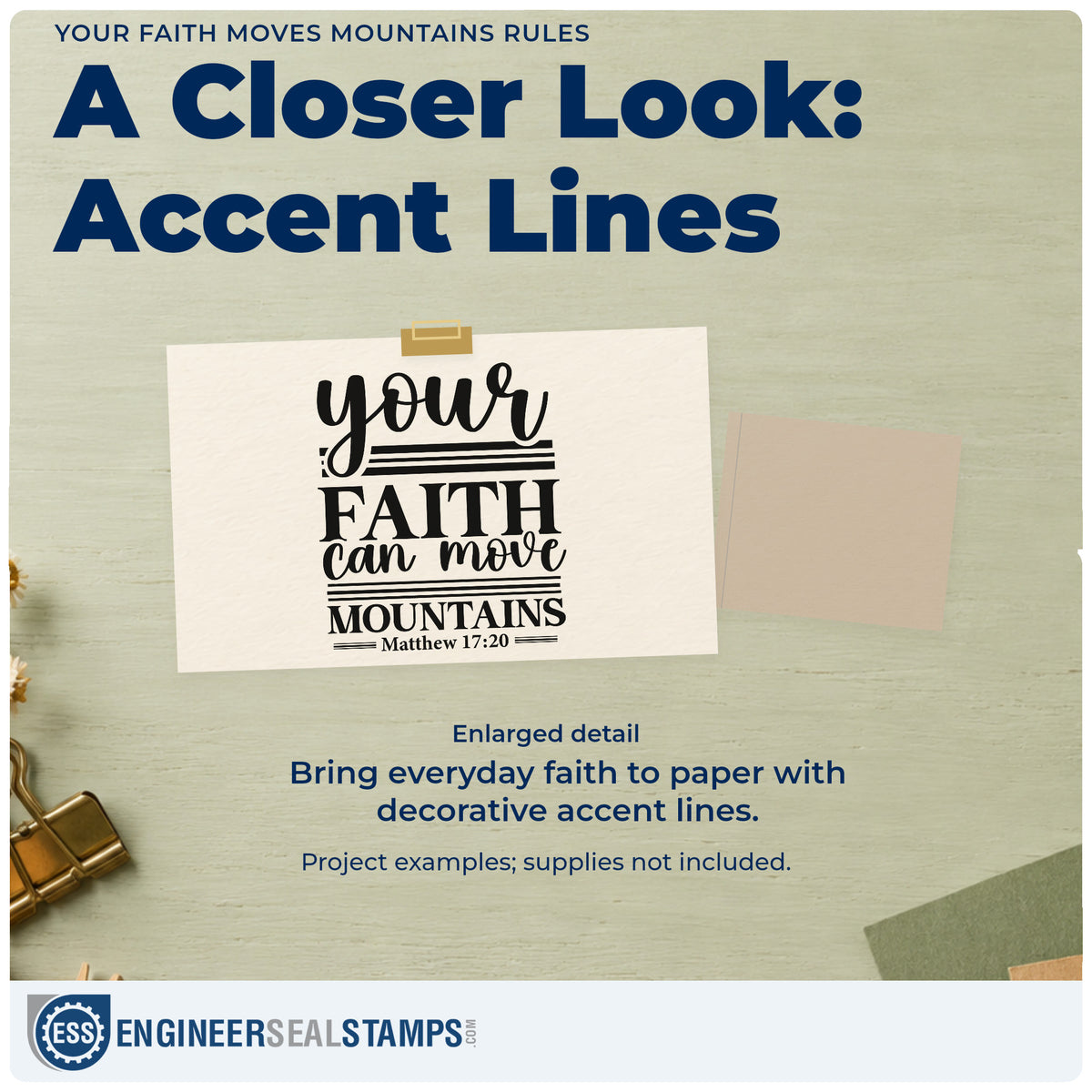 Enlarged detail of the Faith Moves Mountains Horizontal Lines Pre-Inked Stamp – PSI imprint. Horizontal rules divide "Your faith can move mountains," with Matthew 17:20 below.