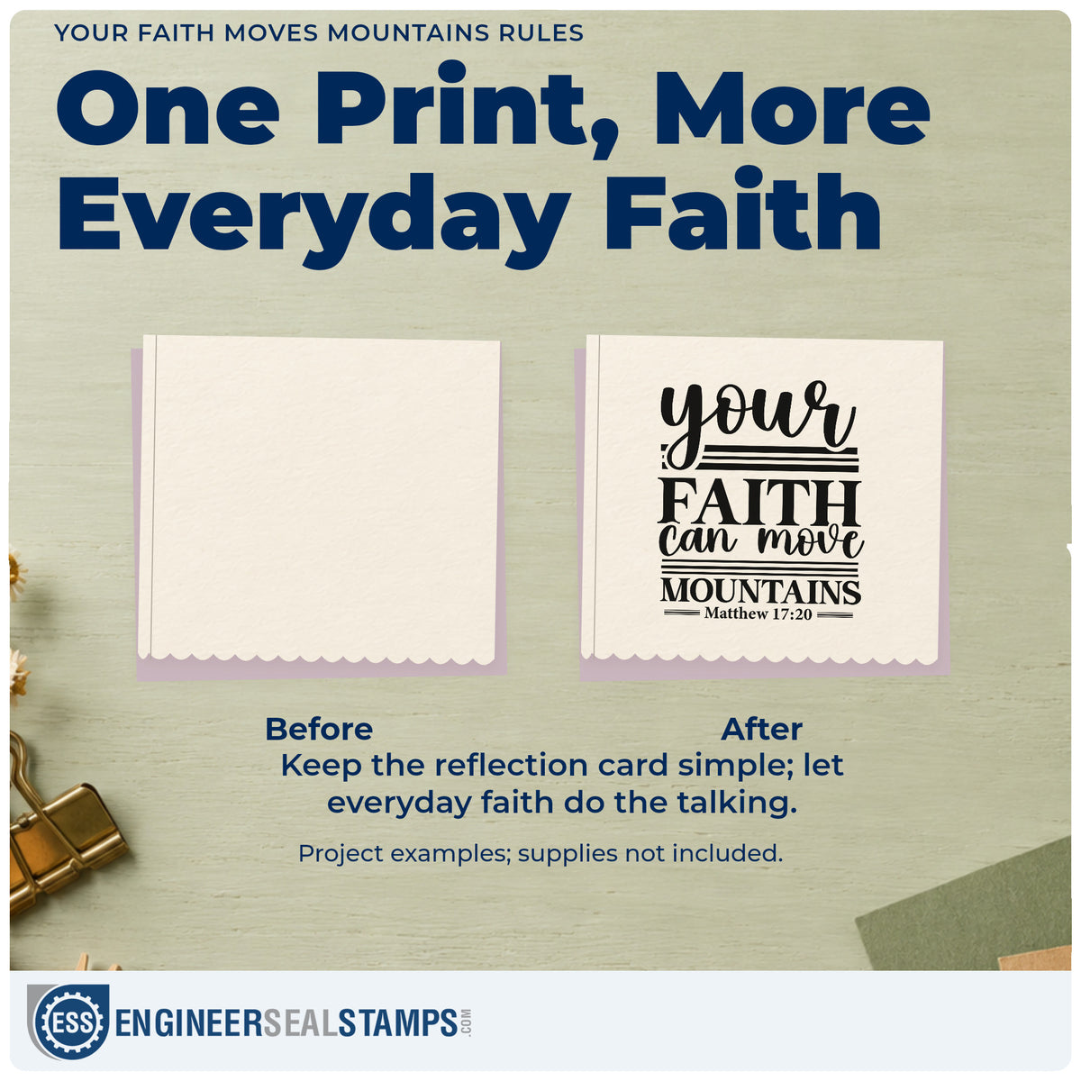 Before and after of a plain item finished with the Faith Moves Mountains Horizontal Lines Rubber Stamp – Duo Hand, a quick upgrade for sermon note headers.