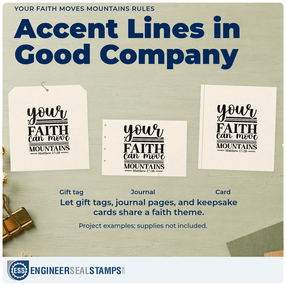 Three project examples made with the Faith Moves Mountains Horizontal Lines Wood Handle Stamp, including challenge pages.