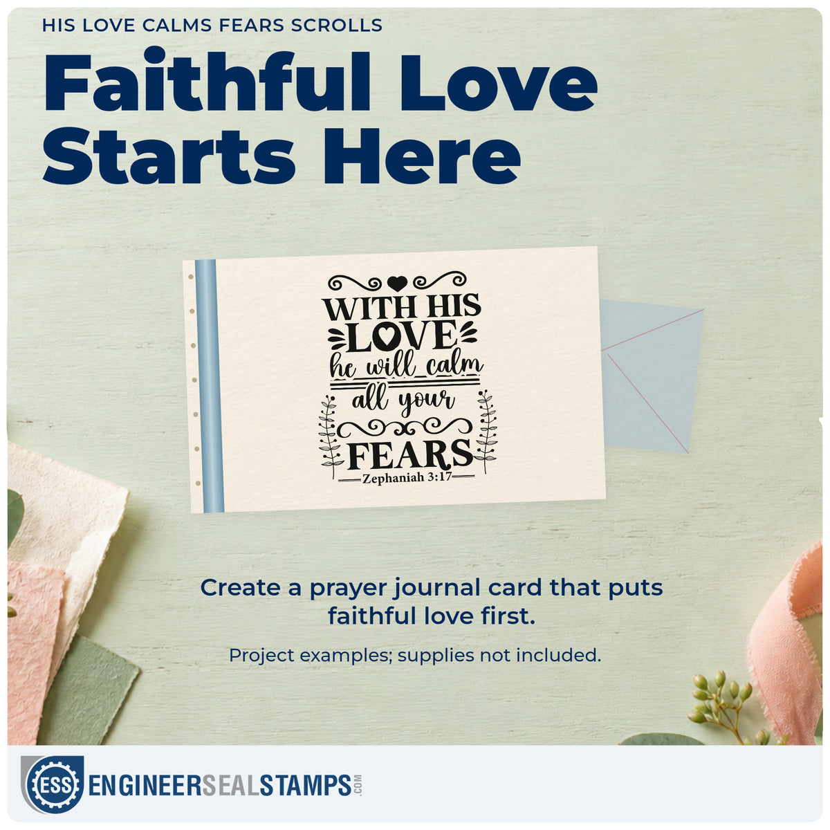 A finished handmade project stamped with the His Love Calms Fears Scrolls Craft Stamp – Self-Inking, ideal for lullaby gift sets.