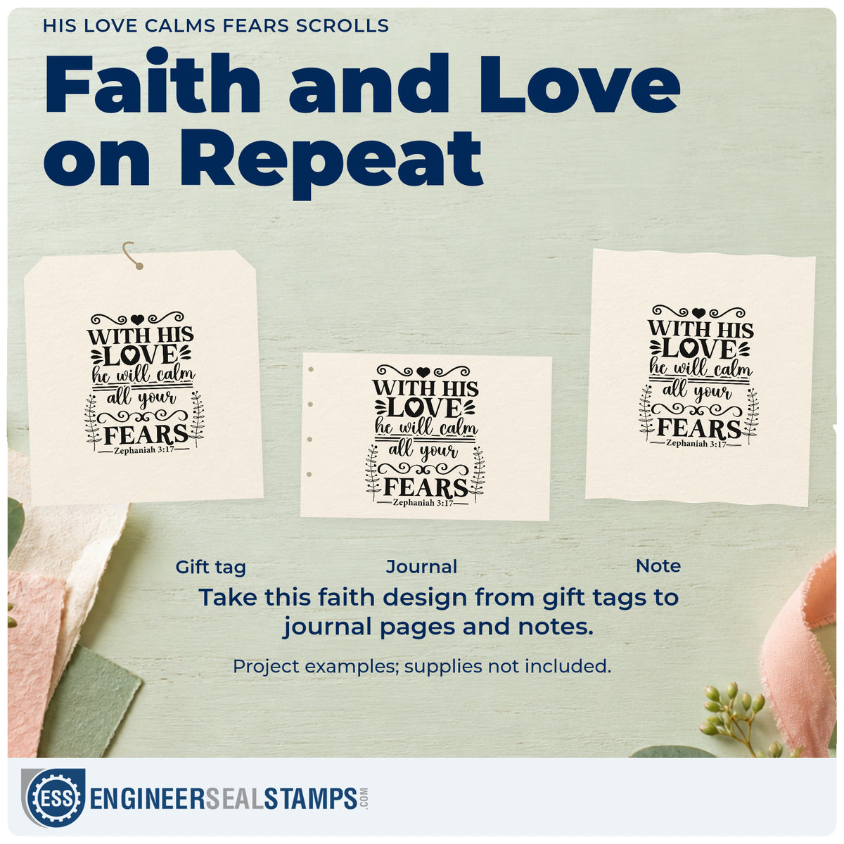 Three project examples made with the His Love Calms Fears Scrolls Rubber Stamp – Wood Handle, including calm pages.