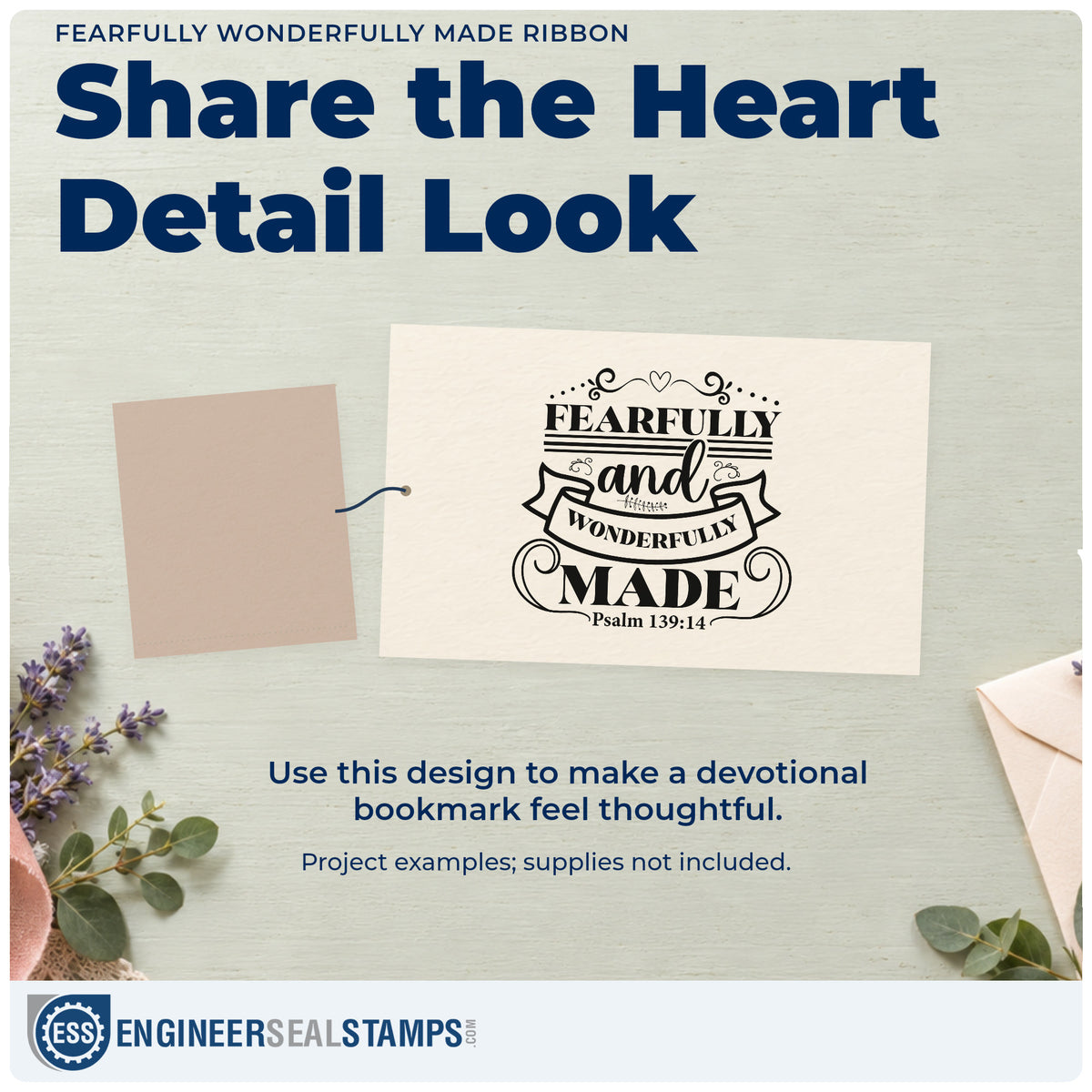 A finished handmade project stamped with the Fearfully Wonderfully Made Ribbon Stamp – Self-Inking, ideal for gender reveal favors.