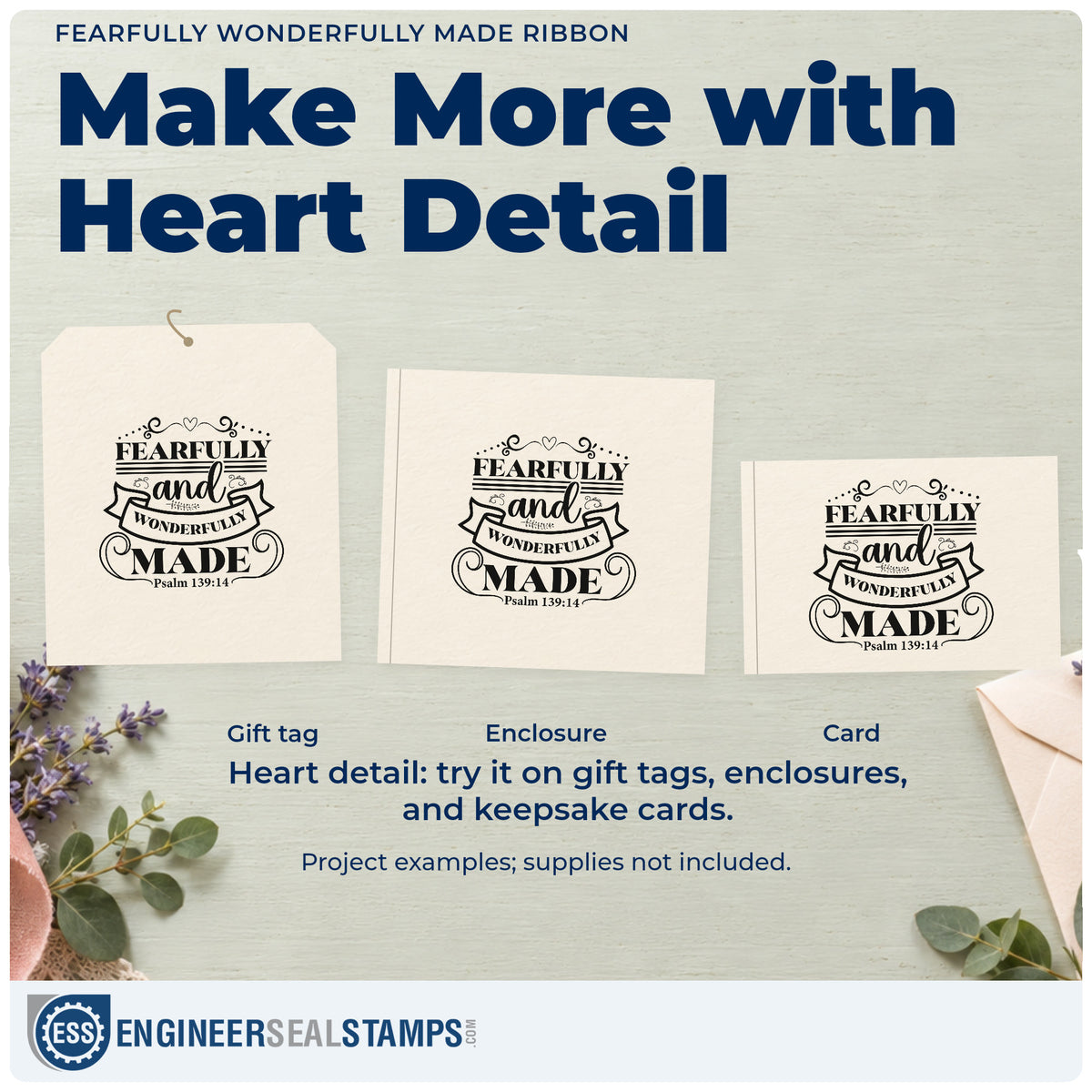 Three project examples made with the Fearfully Wonderfully Made Ribbon Duo Hand Stamp, including baby book pages.