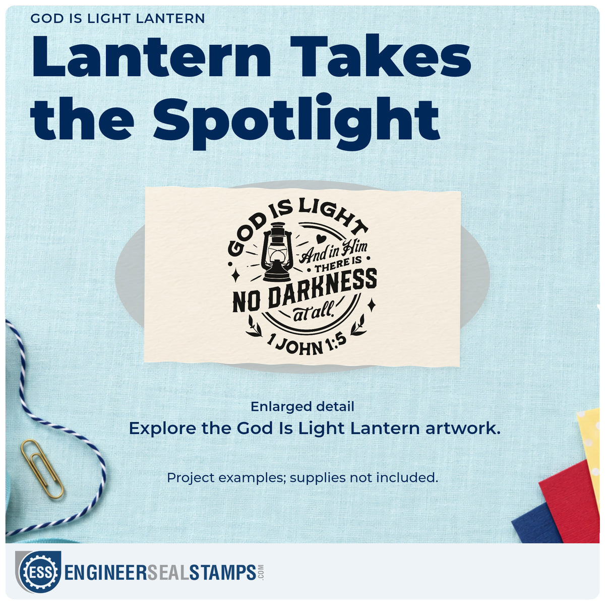Enlarged detail of the God Is Light Lantern Circular Layout Wood Handle Stamp imprint. A lantern fills a circular design reading "God is light, and in him there is no darkness at all," with 1 John 1:5.