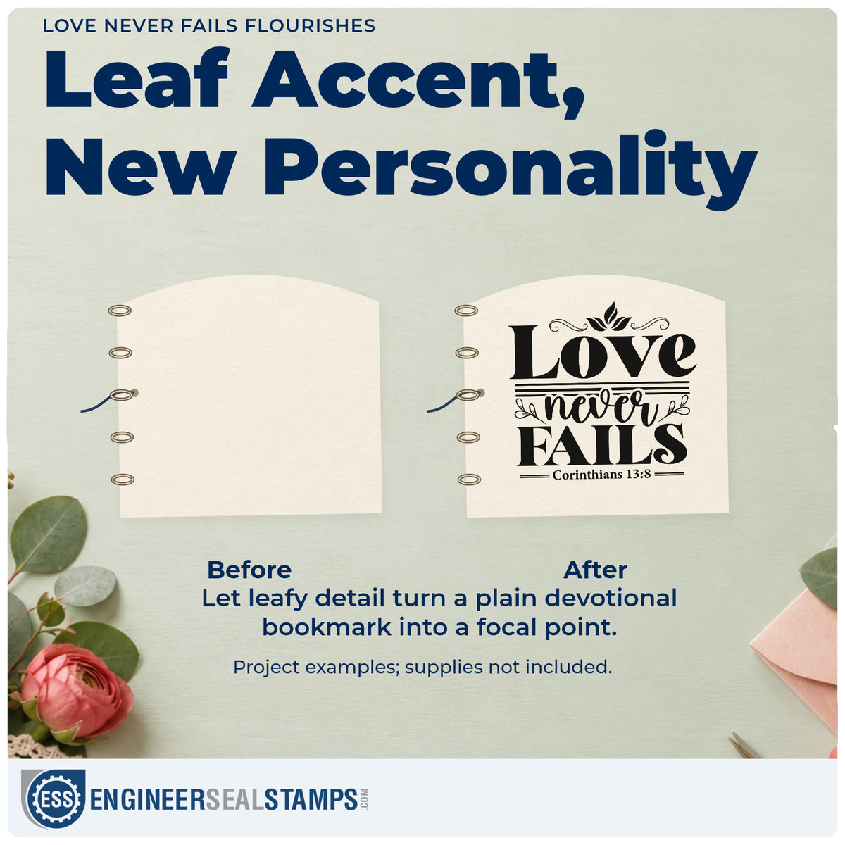 Before and after of a plain item finished with the Love Never Fails Flourishes Hand Stamp – Duo, a quick upgrade for guest book covers.