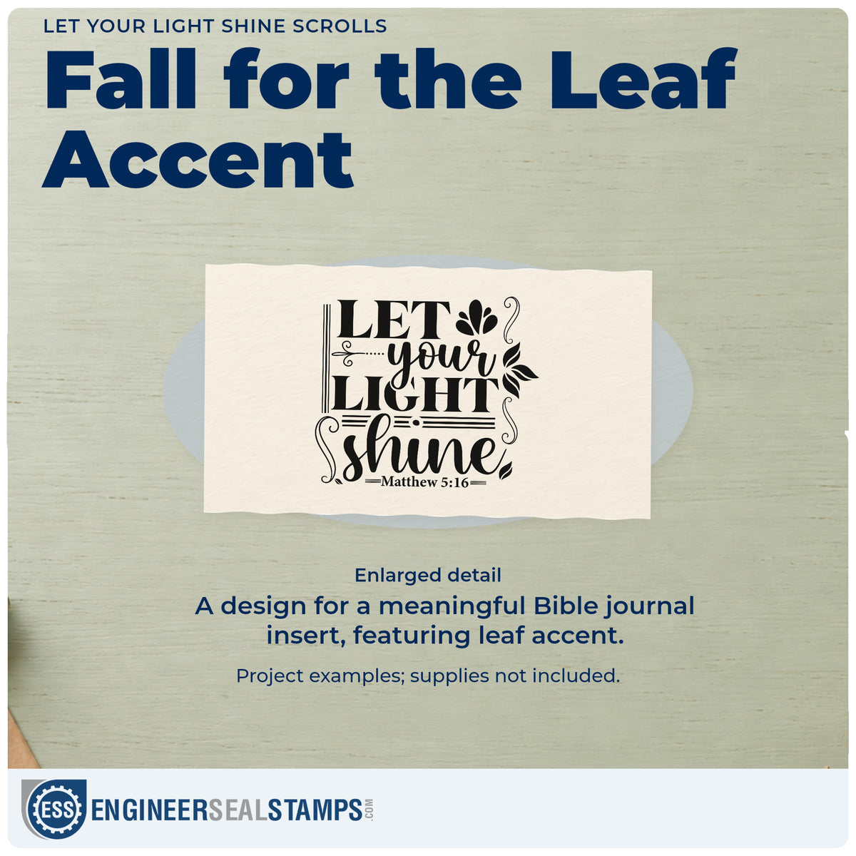 Enlarged detail of the Let Your Light Shine Scrolls Botanical Sprig Rubber Stamp – Wood Handle imprint. Large scrolls, leafy sprigs, and rules accent "Let your light shine," with Matthew 5:16.