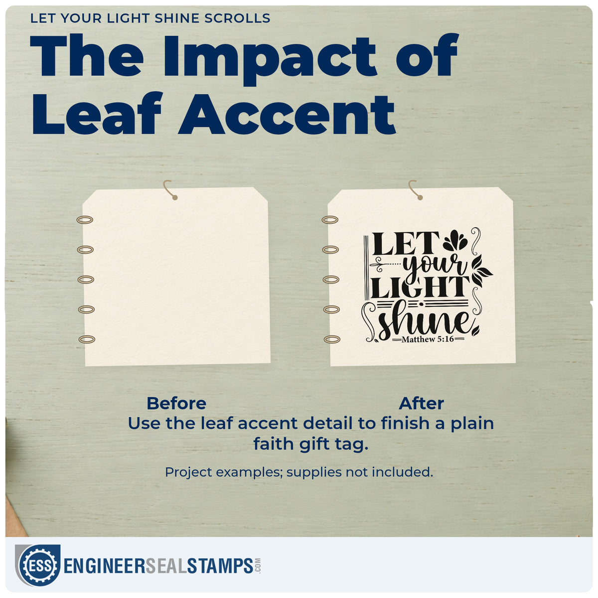 Before and after of a plain item finished with the Self-Inking Let Your Light Shine Scrolls Botanical Sprig Stamp, a quick upgrade for christmas eve programs.