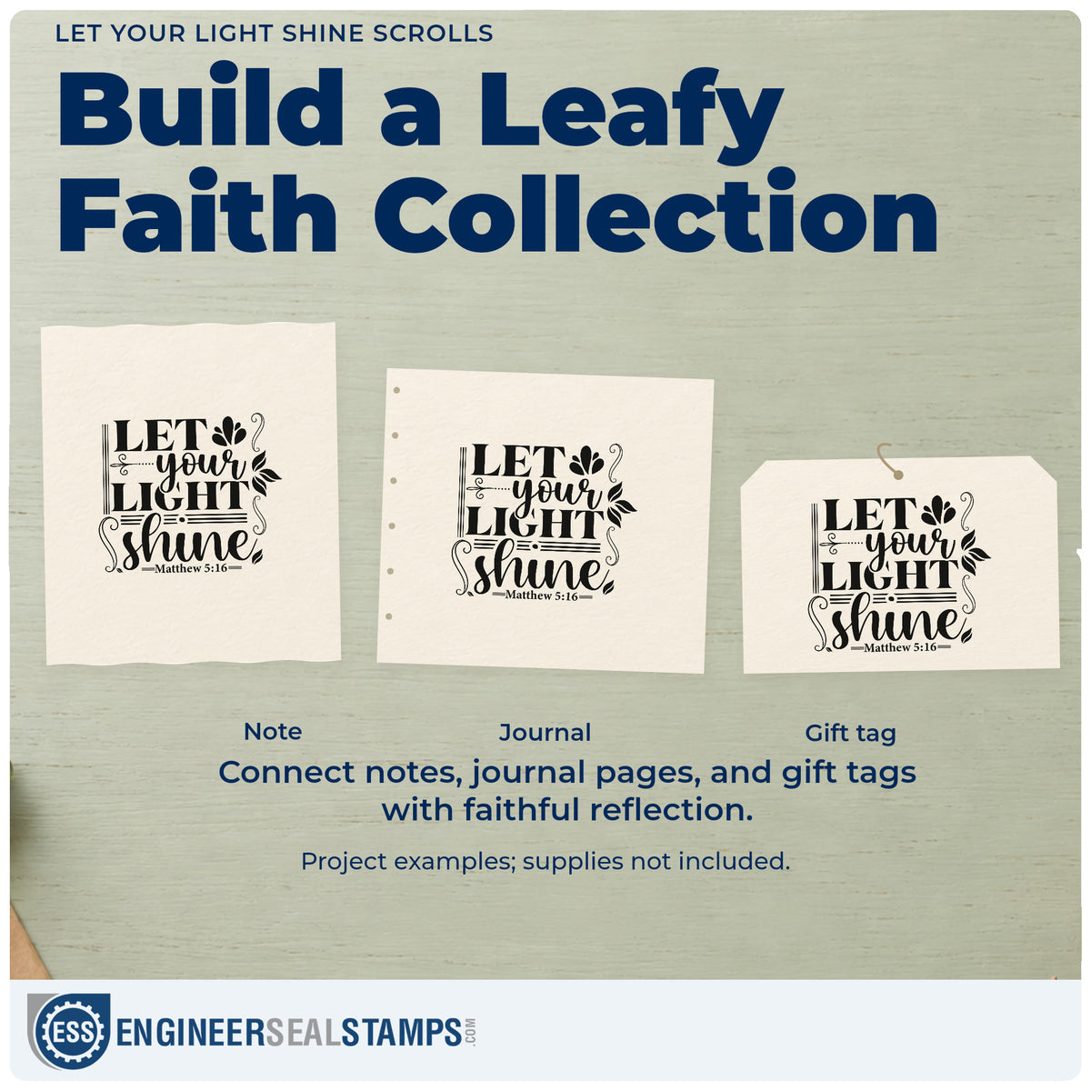 Three project examples made with the Self-Inking Let Your Light Shine Scrolls Botanical Sprig Stamp, including service pages.