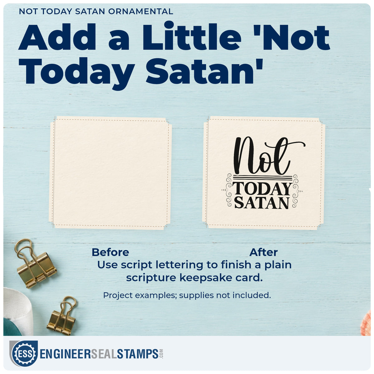 Before and after of a plain item finished with the Not Today Satan Ornamental Rubber Stamp – Duo Hand, a quick upgrade for planner stickers.