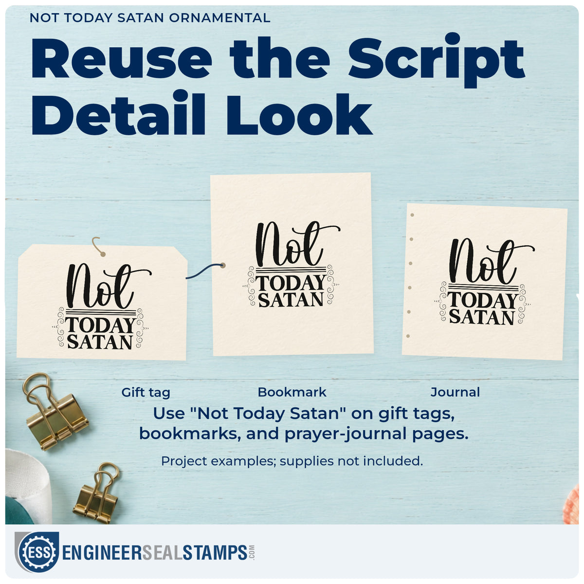 Three project examples made with the Not Today Satan Ornamental Rubber Stamp – Duo Hand, including victory pages.