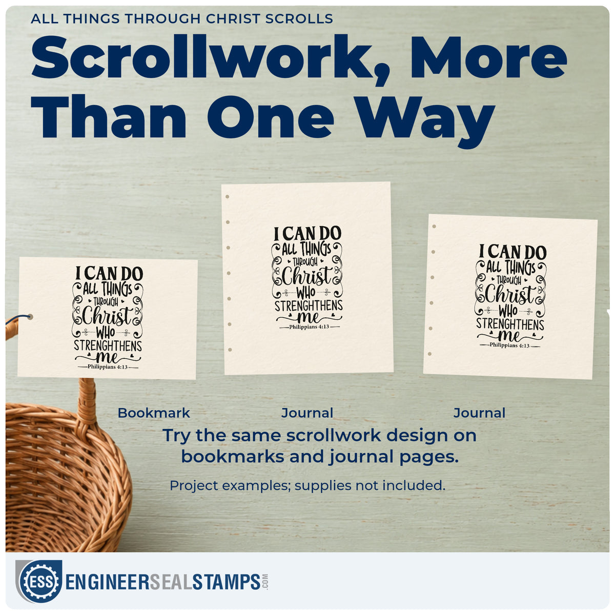 Three project examples made with the All Things Through Christ Scrolls With Hearts Wood Handle Stamp, including achievement pages.