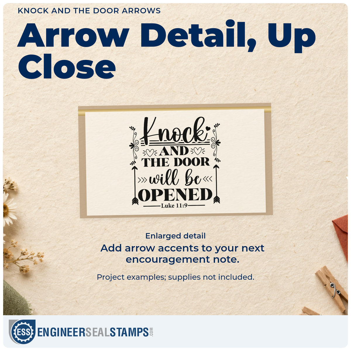 Enlarged detail of the Knock And The Door Arrows Hand Stamp – Duo imprint. Tall arrows, small hearts, and flourishes frame "Knock and the door will be opened," with Luke 11:9.
