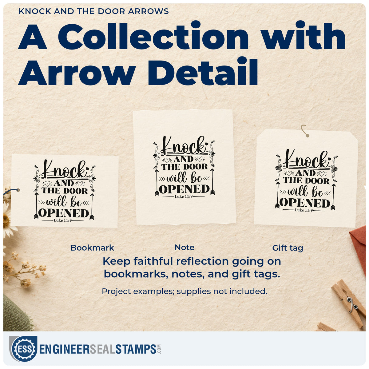 Three project examples made with the Knock And The Door Arrows Stamp – Self-Inking, including new chapter pages.