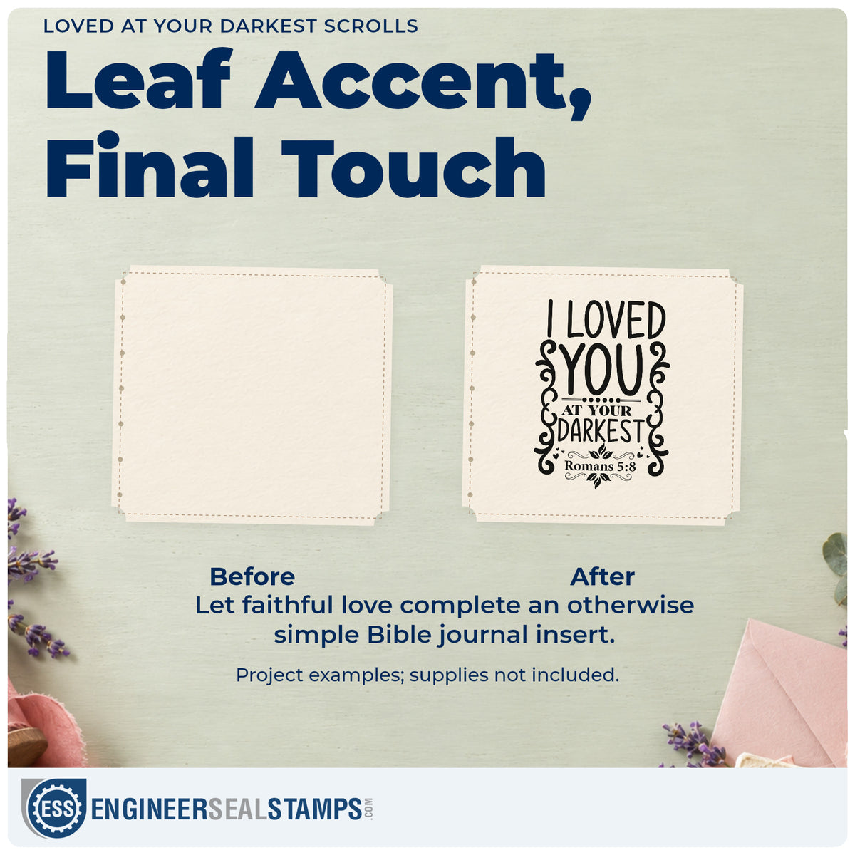 Before and after of a plain item finished with the Loved At Your Darkest Scrolls Leaf Accents Wood Handle Stamp, a quick upgrade for good friday programs.