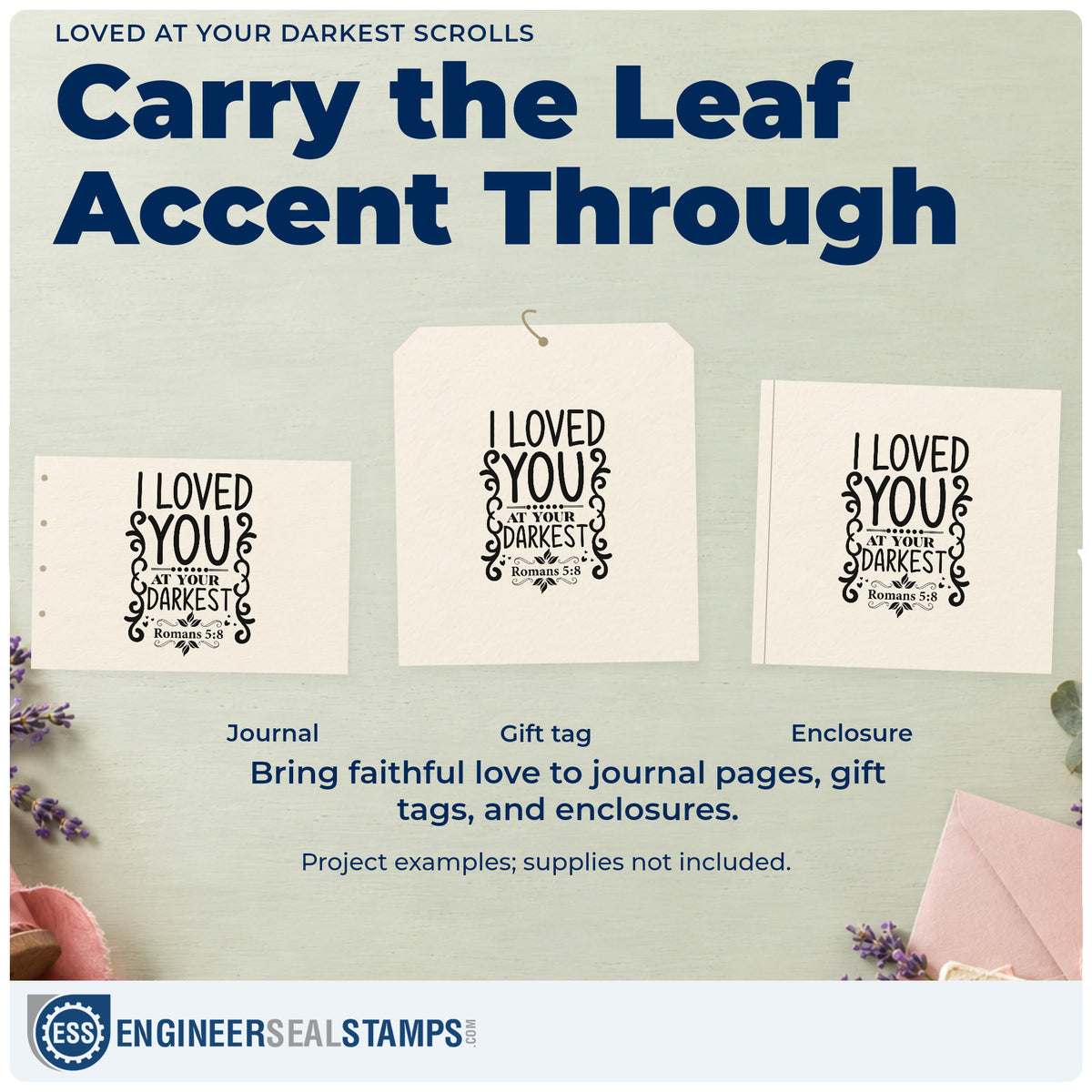 Three project examples made with the Loved At Your Darkest Scrolls Leaf Accents Slim Pre-Inked Stamp, including redemption pages.