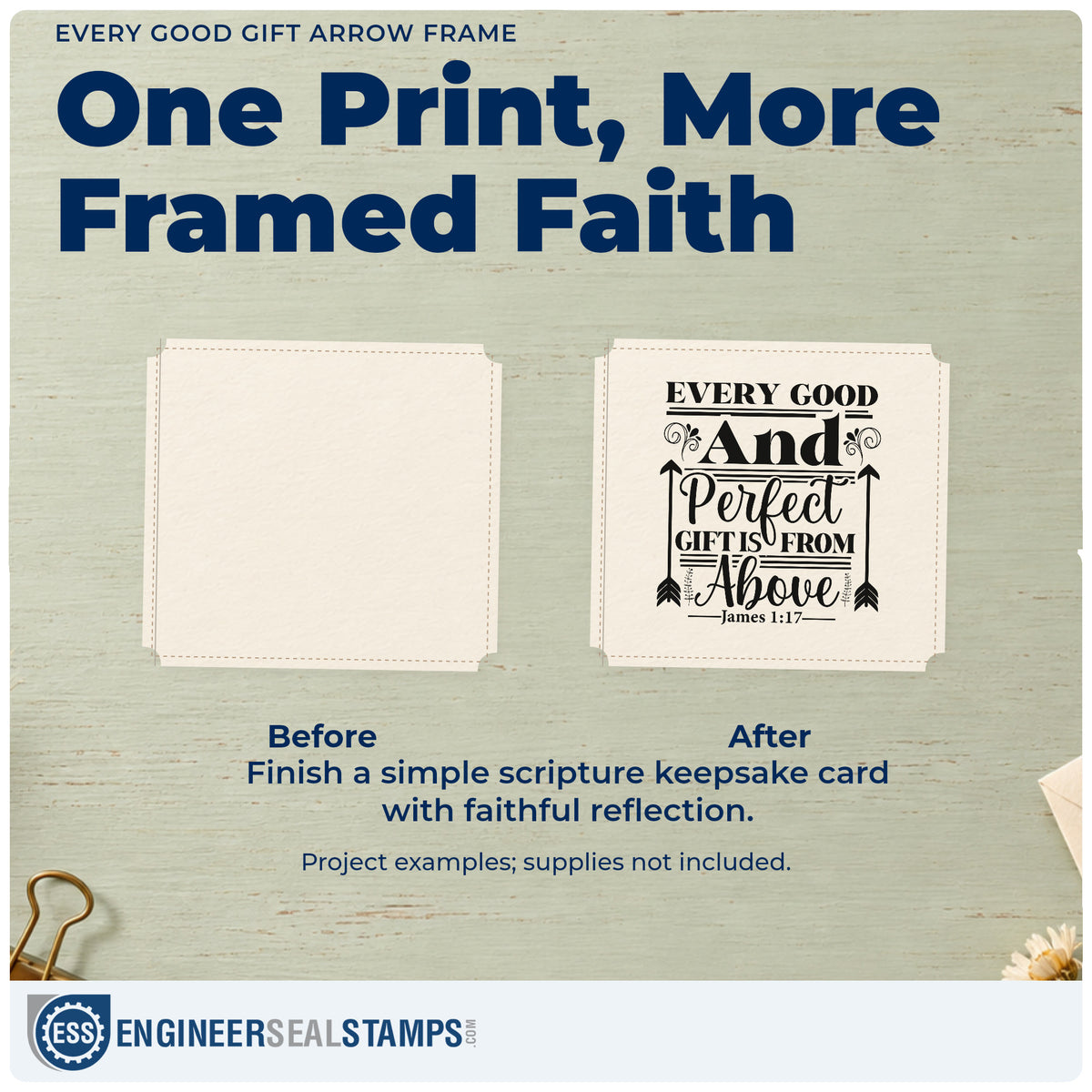 Before and after of a plain item finished with the Vintage Pro Every Good Gift Arrow Frame Premium Wooden Stamp, a quick upgrade for christmas tags.
