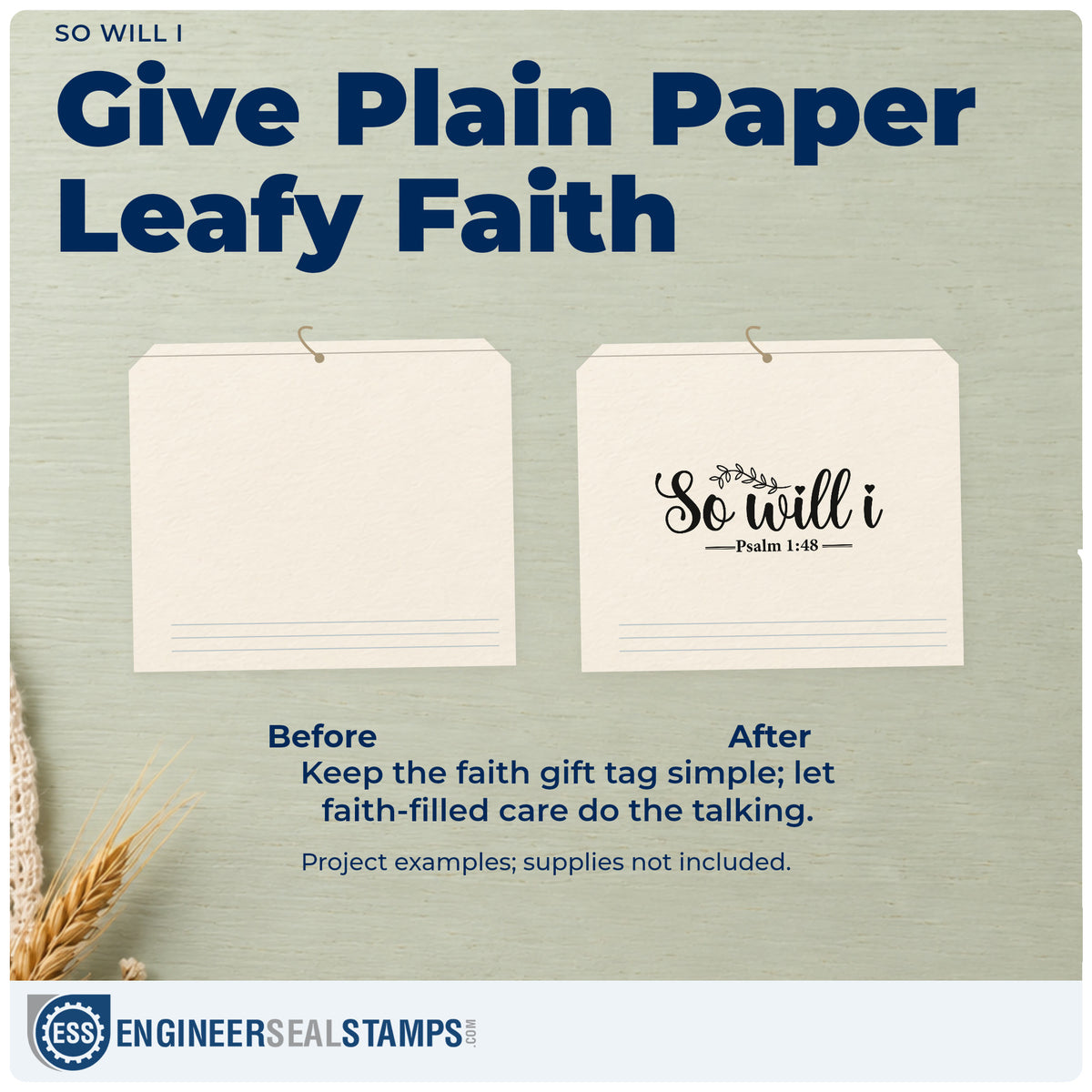Before and after of a plain item finished with the PSI Pre-Inked So Will I Stamp, a quick upgrade for bookmark crafts.