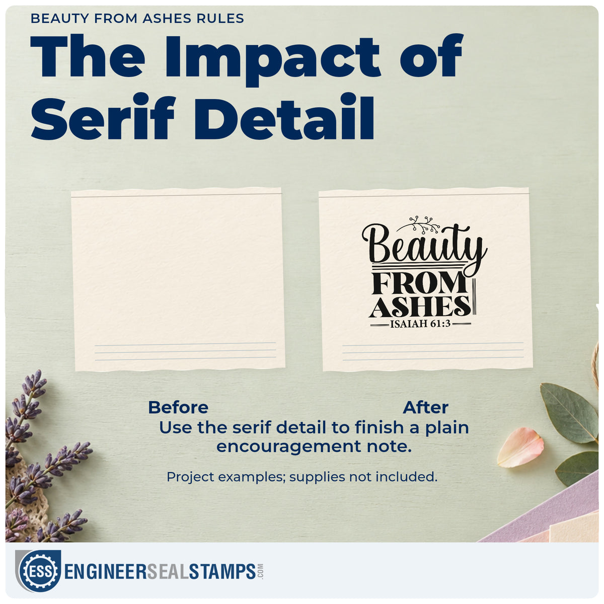 Before and after of a plain item finished with the Beauty From Ashes Botanical Word Art Stamp - Premium Vintage Pro Wooden, a quick upgrade for ash wednesday handouts.