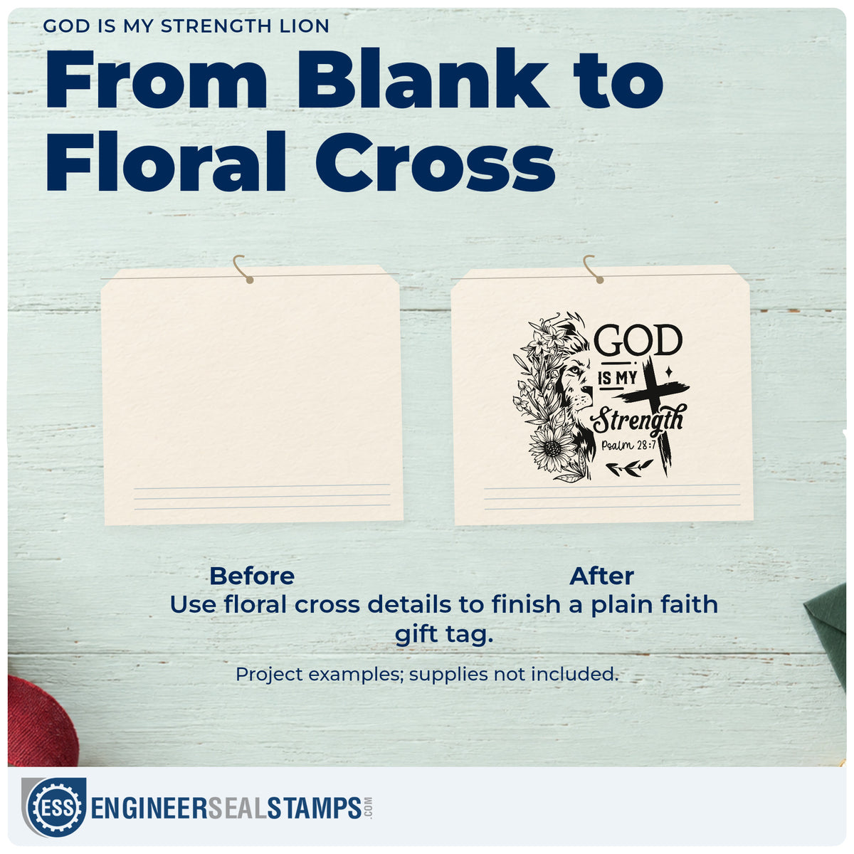 Before and after of a plain item finished with the God Is My Strength Lion Premium Wooden Stamp - Vintage Pro, a quick upgrade for youth camp crafts.