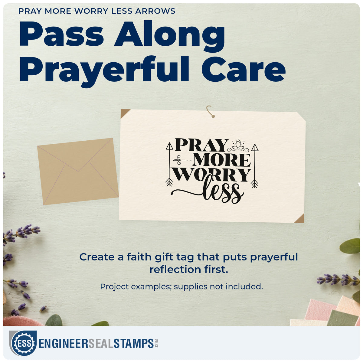 A finished handmade project stamped with the Pray More Worry Less Arrows Ornaments Rubber Stamp – Wood Handle, ideal for kitchen wall art.