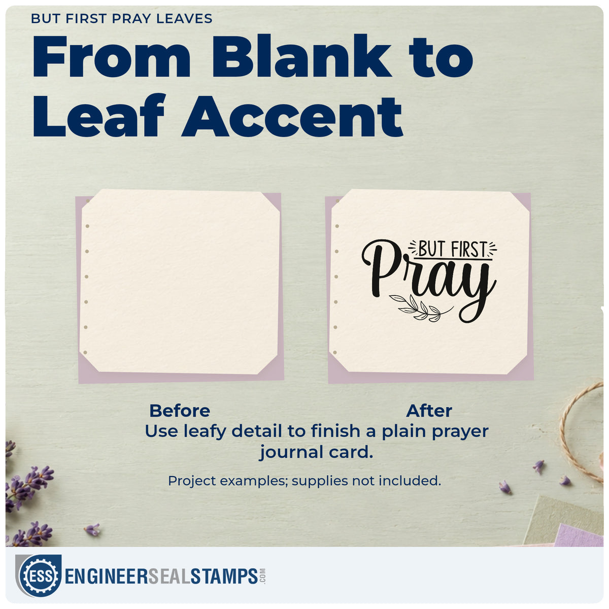 Before and after of a plain item finished with the But First Pray Stamp – Self-Inking, a quick upgrade for alarm clock notes.