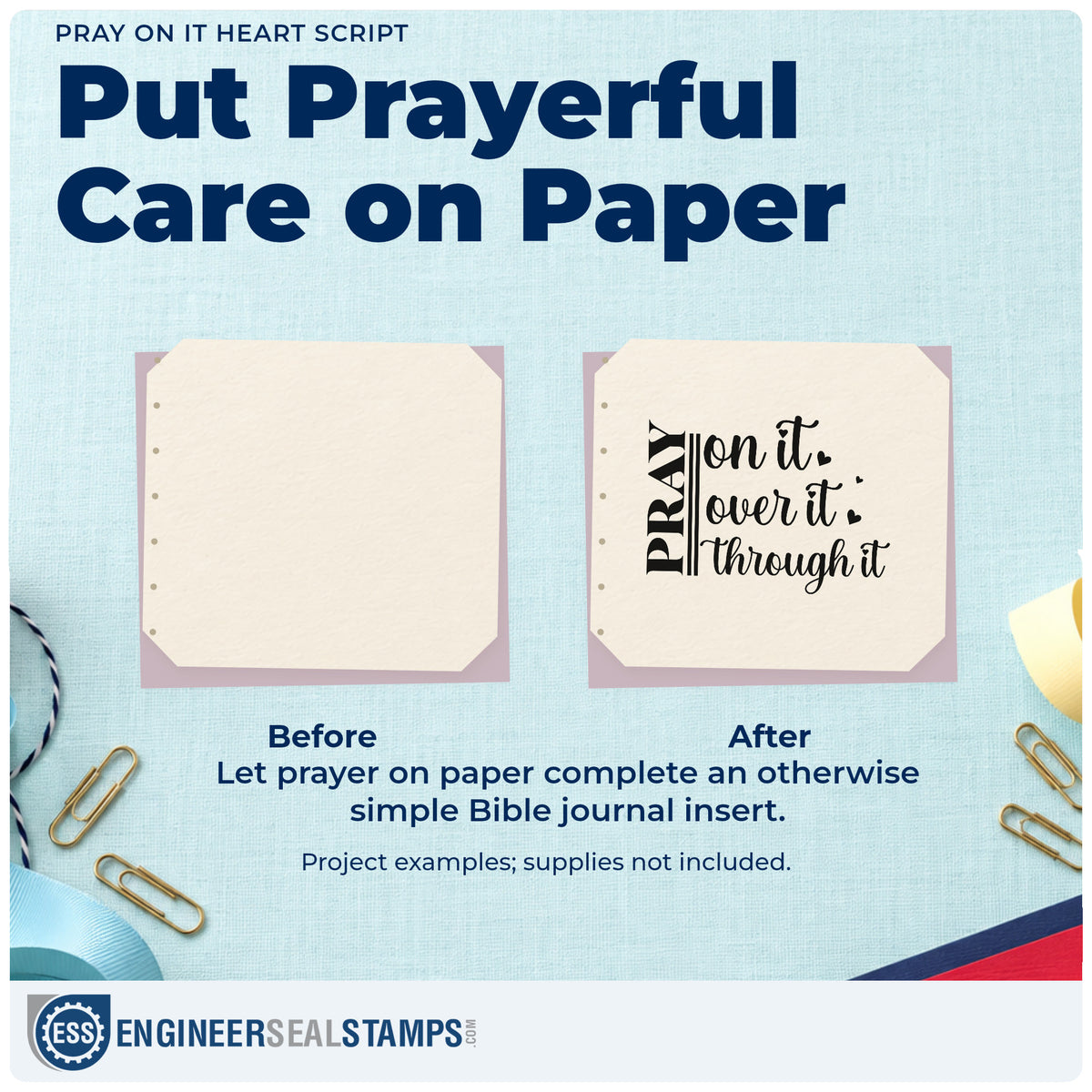 Before and after of a plain item finished with the Pray On It Heart Script Stamp – Self-Inking, a quick upgrade for women's group notes.