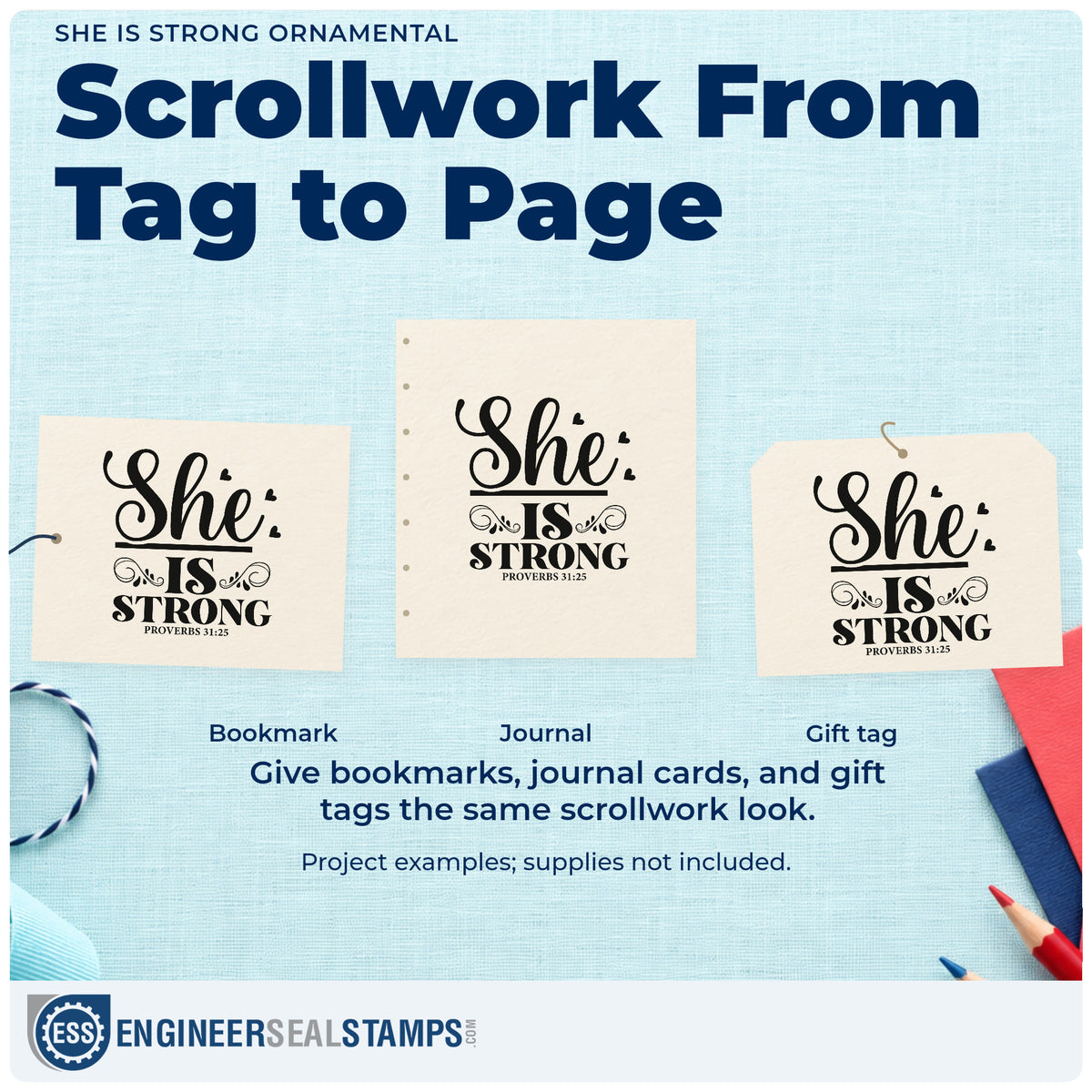 Three project examples made with the She Is Strong Ornamental With Hearts Premium Wooden Stamp - Vintage Pro, including tribute pages.