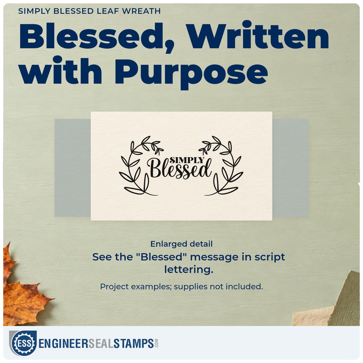 Enlarged detail of the Simply Blessed Leaf Wreath Leafy Branches Stamp – Wood Handle imprint. Two curved leafy branches frame small "Simply" lettering and "Blessed" script.