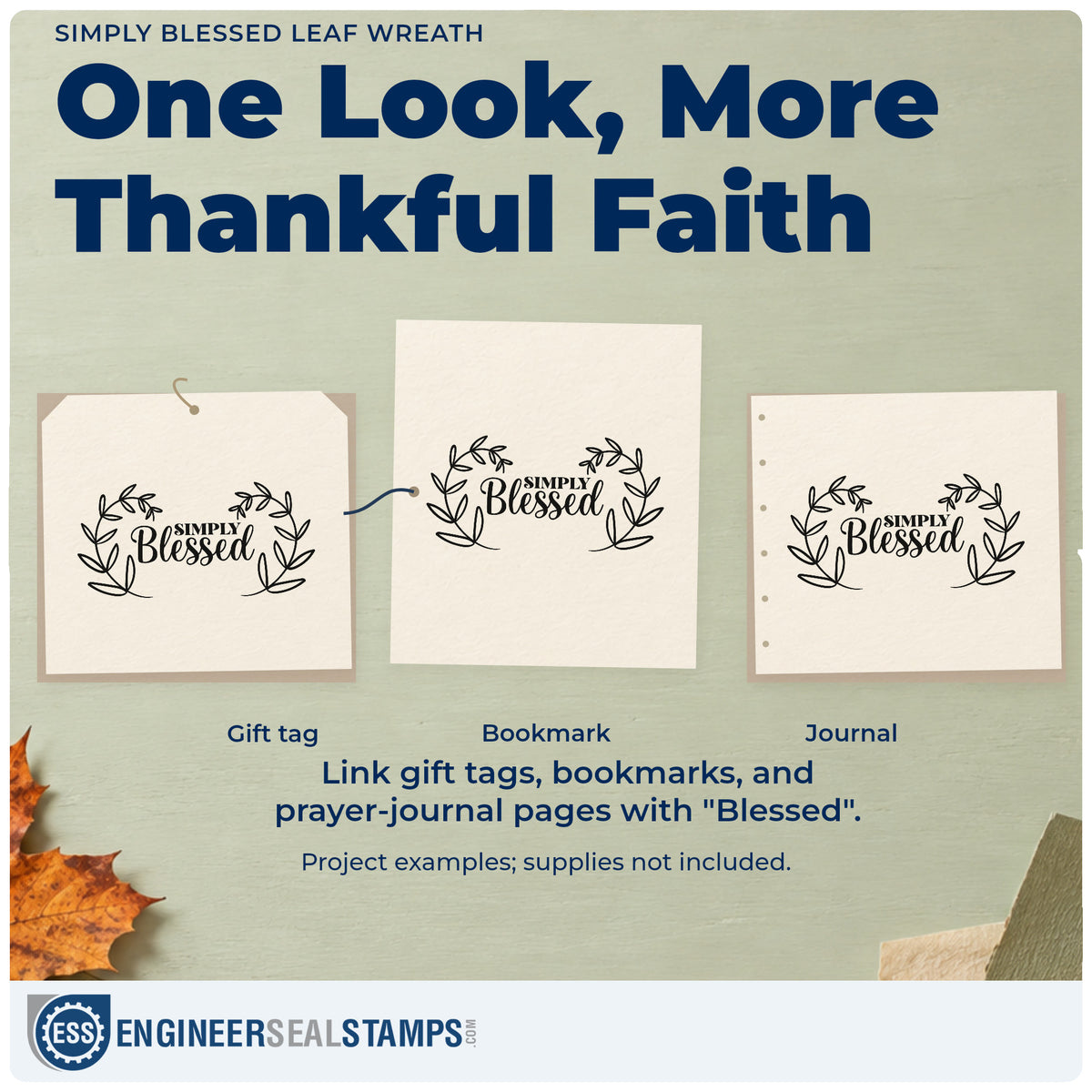 Three project examples made with the Simply Blessed Leaf Wreath Leafy Branches Stamp – Wood Handle, including gratitude pages.