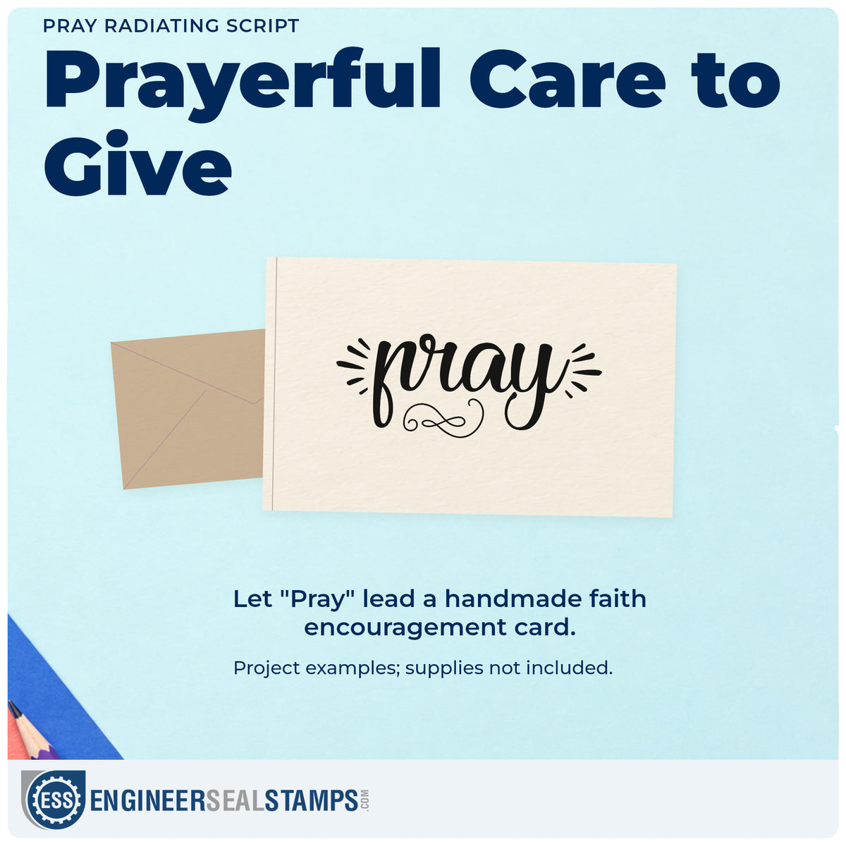 A finished handmade project stamped with the PSI Pre-Inked Pray Radiating Script Stamp, ideal for prayer request cards.