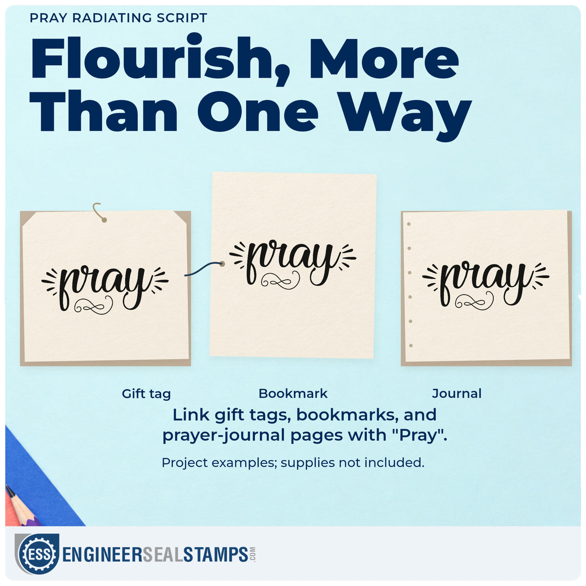 Three project examples made with the Pray Radiating Script Rubber Stamp – Wood Handle, including title word pages.