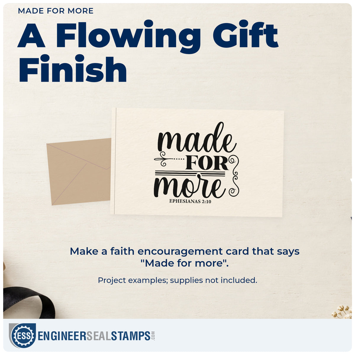 A finished handmade project stamped with the Made For More Scrollwork Self-Inking Craft Stamp, ideal for graduation gift tags.