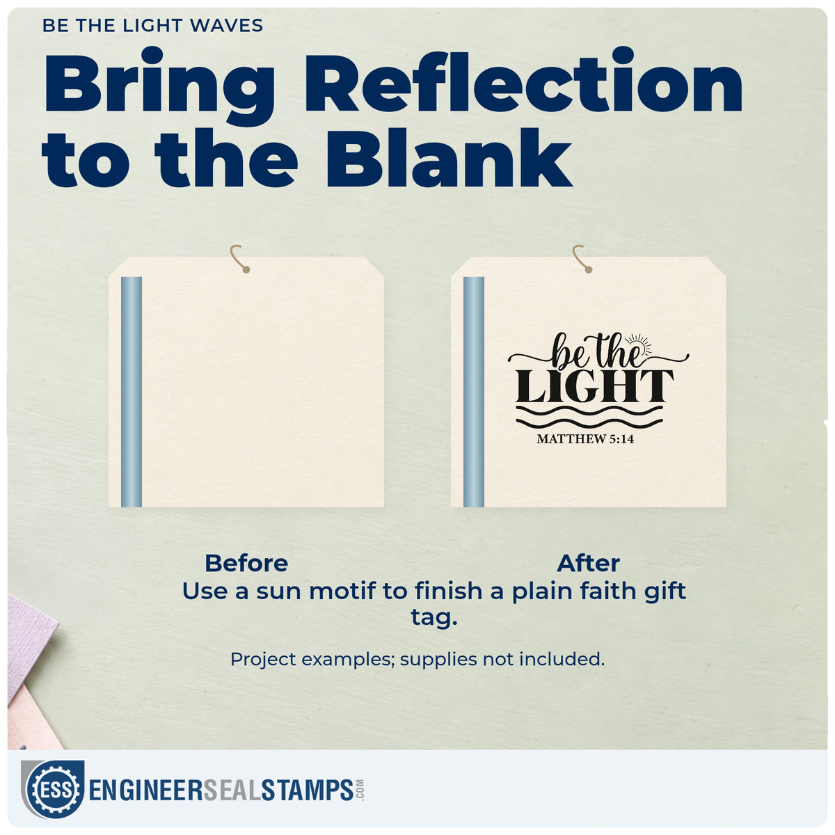 Before and after of a plain item finished with the Be The Light Wavy Lettering Wood-Mounted Rubber Stamp, a quick upgrade for volunteer thank-yous.