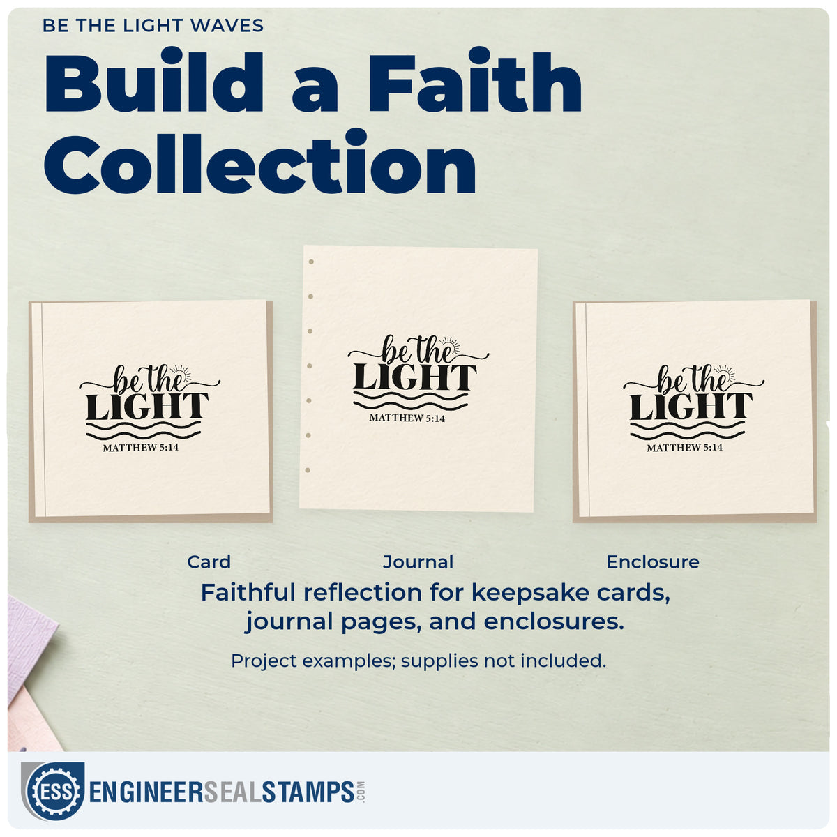 Three project examples made with the Be The Light Wavy Lettering PSI Pre-Inked Stamp, including sunshine pages.